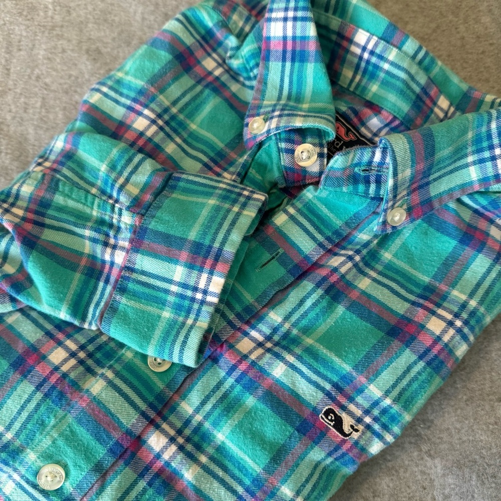 Vineyard Vines Plaid Flannel Whale Shirt Boys Large (16) Preppy Whale Logo